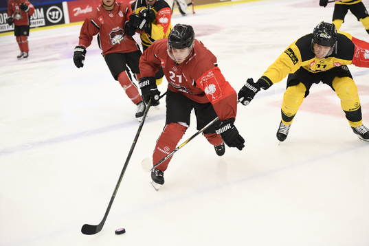 Andy Miele of Malmö Redhawks and Ville-Vesa Vainiola of