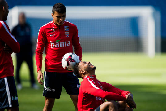 Joshua King and Mohamed Elyounoussi of Norway