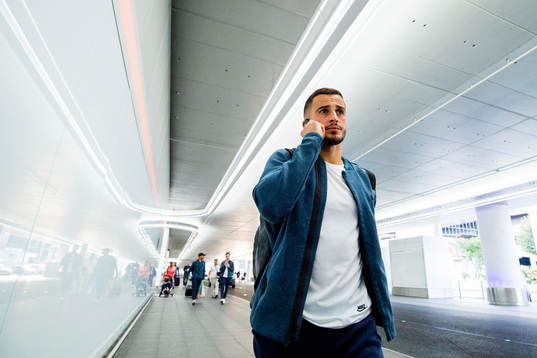 Omar Elabdellaoui arrives at the airport