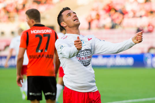 Rocky Lekaj of Fredrikstad looks dejected