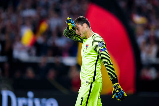 Goalkeeper Rune Almenning Jarstein of Norway looks dejected