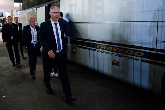 Lars Lagerbäck, head coach of Norway, leaves the arena