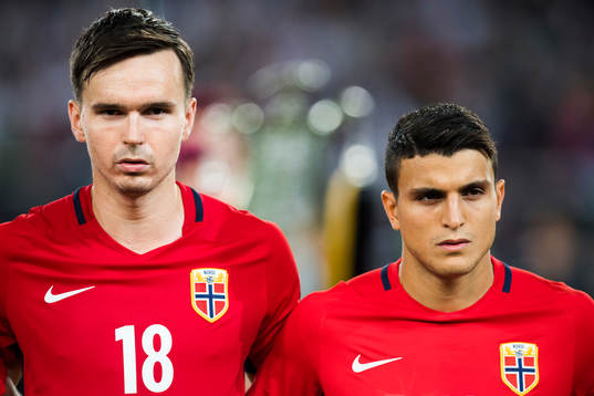 Ole Sælnes and Mohamed Elyounoussi of Norway