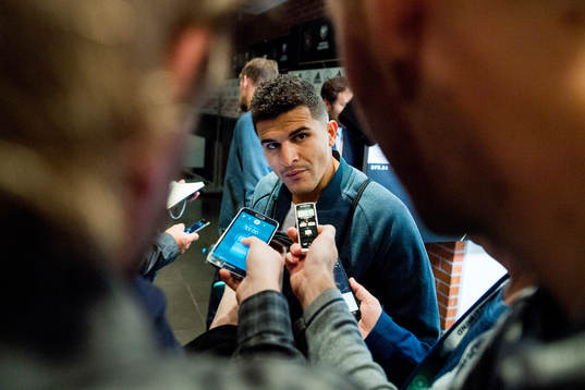 Tarik Elyounoussi of Norway speaks to the press