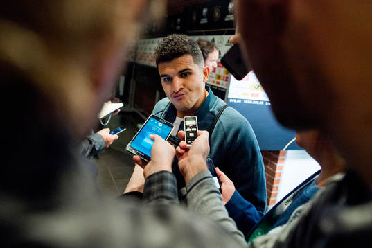 Tarik Elyounoussi of Norway speaks to the press