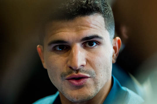 Tarik Elyounoussi of Norway speaks to the press