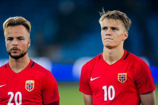 Sander Svendsen and Martin Ødegaard of Norway prior the