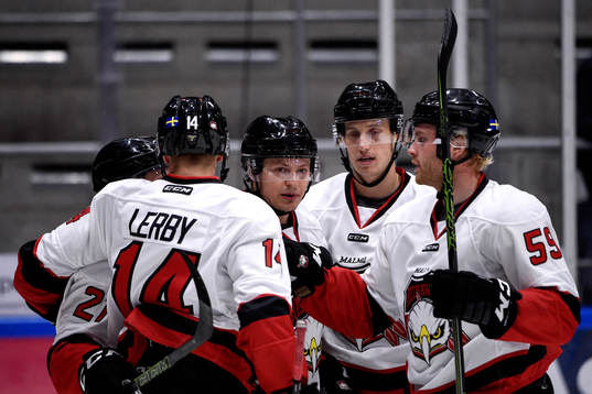 Malmö Redhawks Rhett Rakhshani jublar med lagkamrater