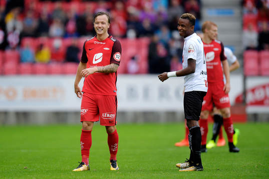Fredrik Haugen of Brann and Chidibiere Nwakali of Sogndal
