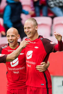 Ruben Kristiansen and Kristoffer Barmen of Brann celebrate
