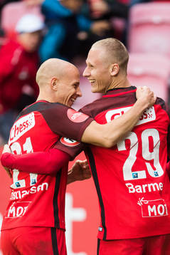 Ruben Kristiansen and Kristoffer Barmen of Brann celebrate