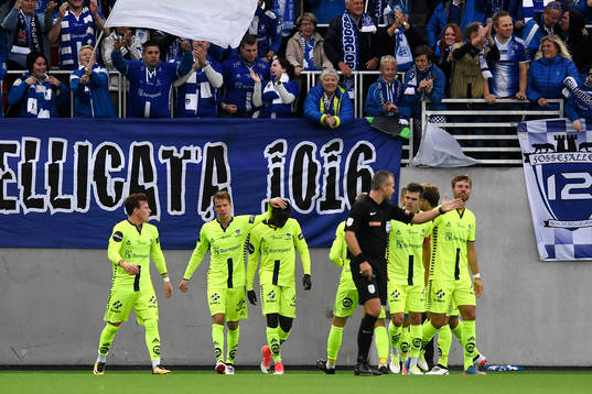 Krepin Diatta, of Sarpsborg, celebrates with team mates