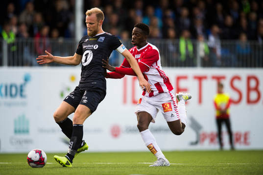 Dan Peter Ulvestad of Kristiansund and Mushaga Bakenga of