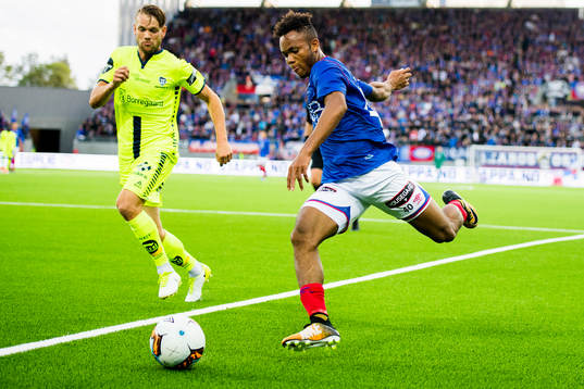Ole Jørgen Halvorsen of Sarpsborg 08 and Chidera Ejuke of