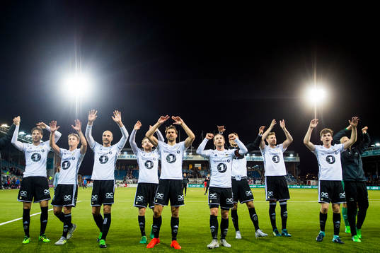 Players of Rosenborg celebrate their 0-2 win