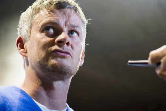 Ole Gunnar Solskjær, manager of Molde, speaks with media