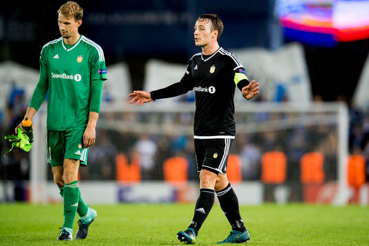 Goalkeeper André Hansen and Mike Jensen of Rosenborg