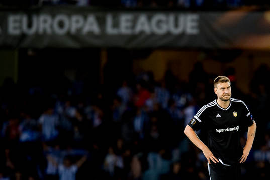 Nicklas Bendtner of Rosenborg looks dejected