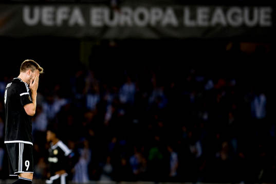 Nicklas Bendtner of Rosenborg looks dejected