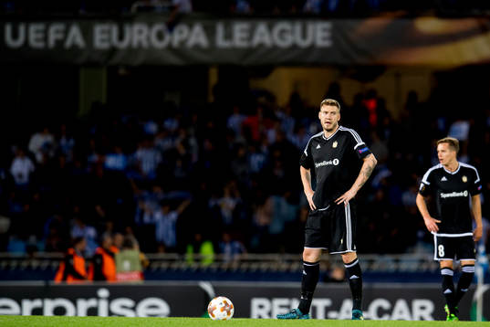 Nicklas Bendtner of Rosenborg looks dejected