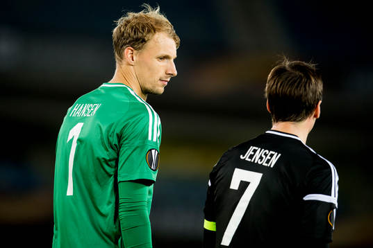 Goalkeeper André Hansen and Mike Jensen of Rosenborg