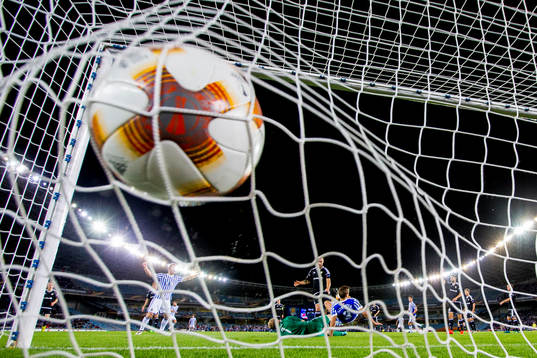 Diego Llorente of Real Sociedad scores 1-0 behind