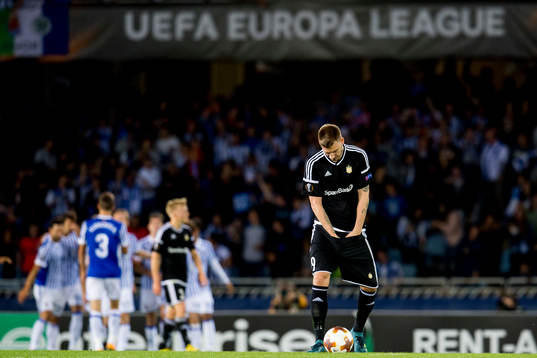 Nicklas Bendtner of Rosenborg looks dejected