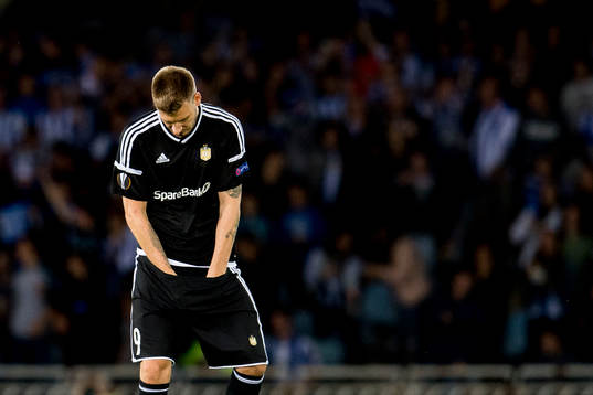 Nicklas Bendtner of Rosenborg looks dejected