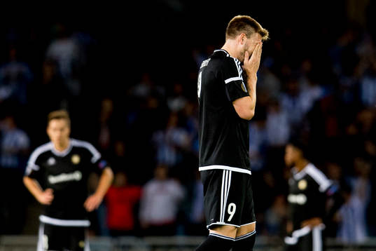 Nicklas Bendtner of Rosenborg looks dejected