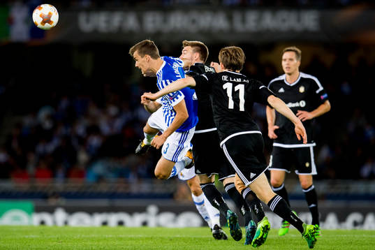 Diego Llorente of Real Sociedad and Nicklas Bendtner and