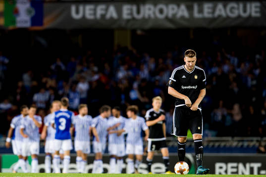 Nicklas Bendtner of Rosenborg looks dejected