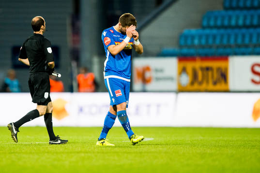 Flamur Kastrati of Sandefjord looks dejected