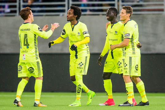 Krepin Diatta of Sarpsborg celebrates with his teammates