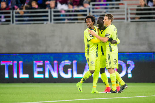 Krepin Diatta of Sarpsborg celebrates with his teammates