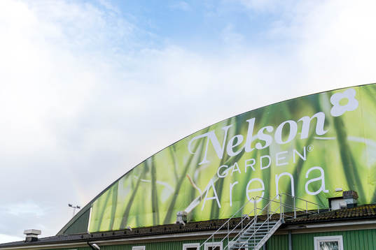 Exteriör vy av Nelson garden arena före ishockeymatchen i