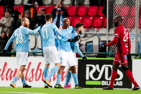 Malmö FFs Carlos Strandberg och Erdal Rakip jublar