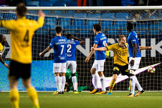 Simen Kind Mikalsen of Lillestrøm celebrates scoring 1-0
