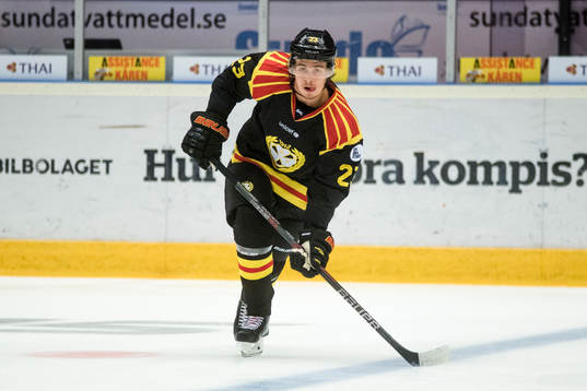 Brynäs Lucas Carlsson före ishockeymatchen i SHL mellan