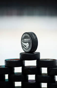 Puckar med Hockeyallsvenskans logga väntar på spelarna