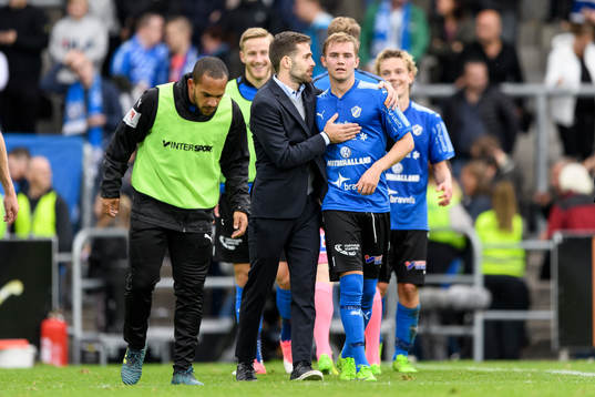 Halmstads tränare Igor Krulj och Tryggvi Hrafn Haraldsson