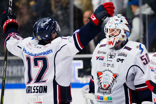 Linköpings Sebastian Karlsson och målvakt Jonas