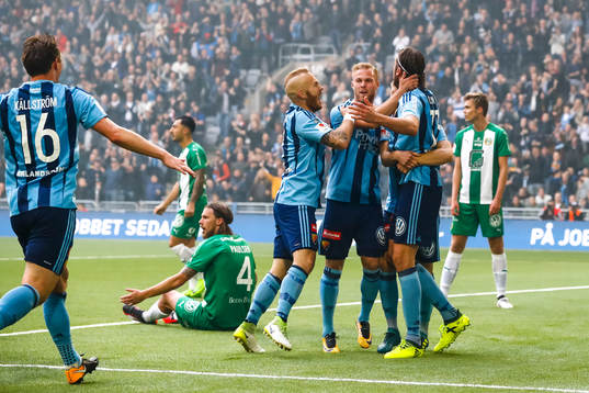 Djurgårdens Magnus Eriksson och Gustav Engvall jublar med