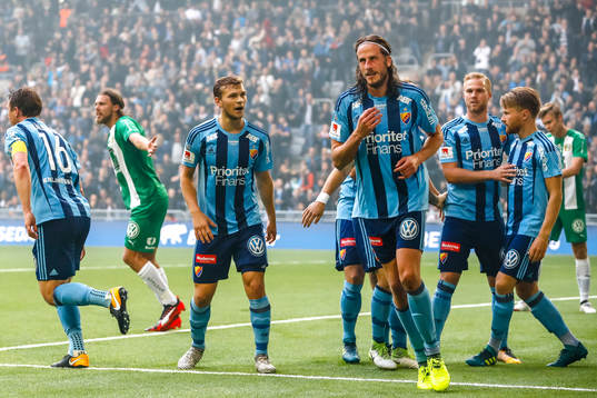 Djurgårdens Magnus Eriksson och Gustav Engvall jublar med