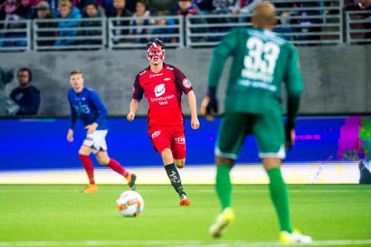 Kasper Skaanes of Brann aand goalkeeper Adam Larsen