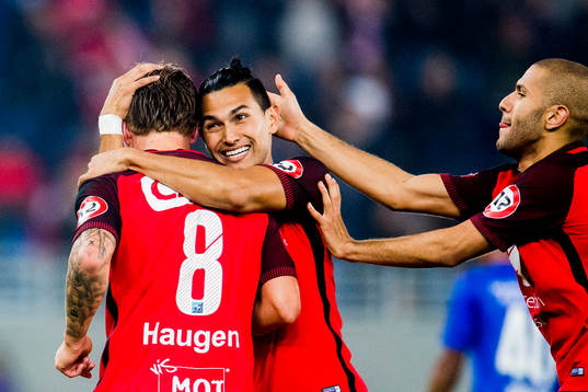 Fredrik Haugen of Brann celebrates with his teammates