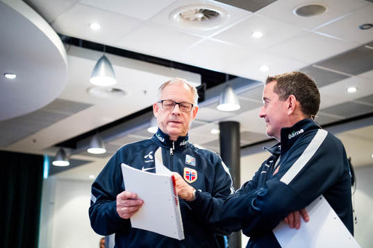 Lars Lagerbäck, head coach of Norway, and Per Joar Hansen,
