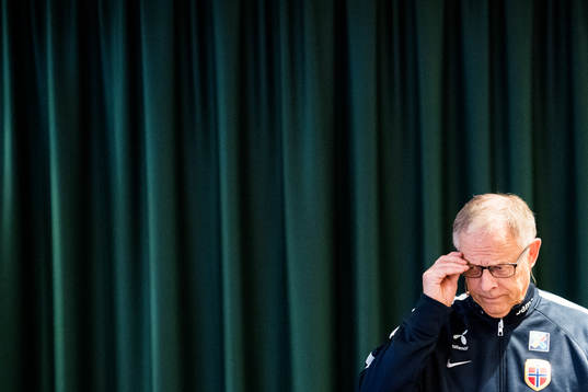 Lars Lagerbäck, head coach of Norway, presents the team
