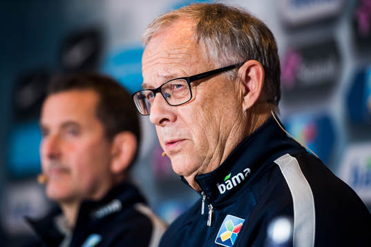 Lars Lagerbäck, head coach of Norway, presents the team