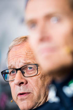 Lars Lagerbäck, head coach of Norway, presents the team