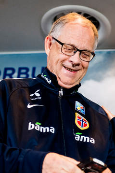 Lars Lagerbäck, head coach of Norway, presents the team